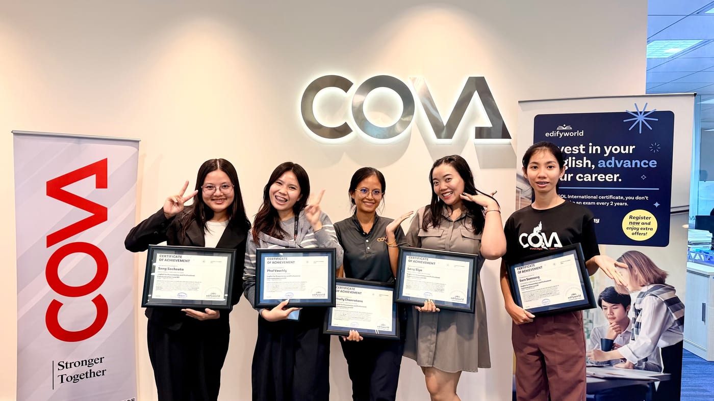 Members of COVA Cambodia’s junior team with their Edifyworld certificates of achievement, 7 July 2026