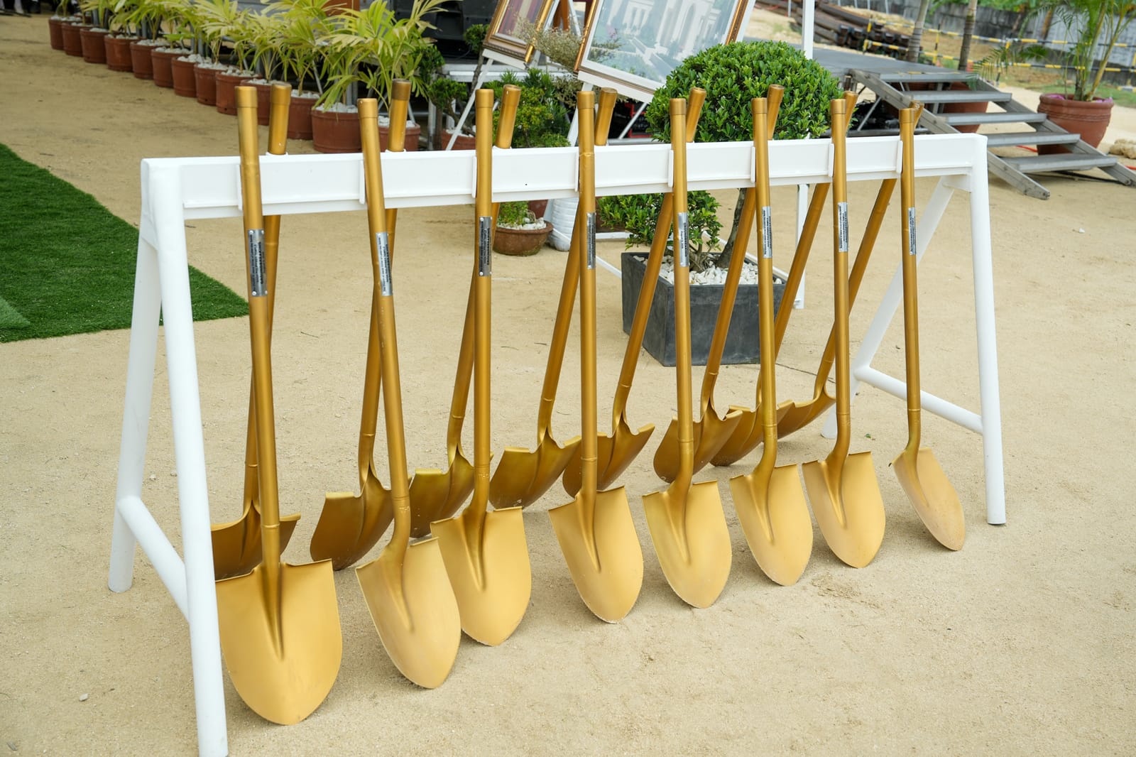 Ceremonial shovels lined up before the ground-breaking of the Naga Philippines Temple, 8 August 2026