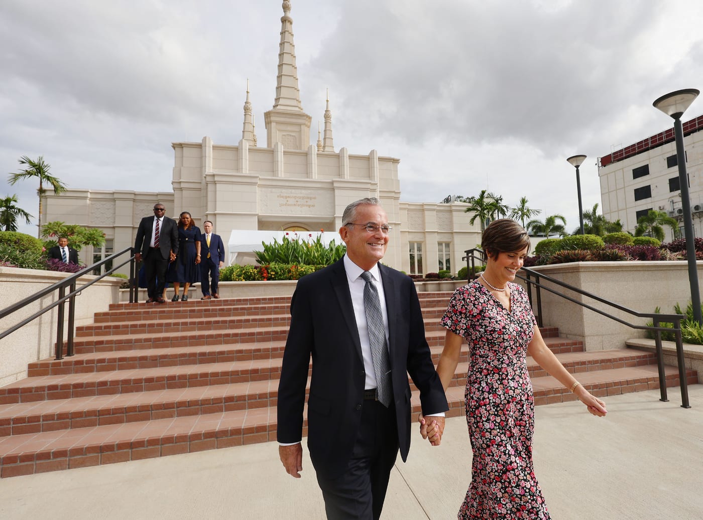 Elder Patrick Kearon and Sister Jennifer Kearon leaving the Phnom Penh Cambodia Temple after its dedication, 30 August 2026